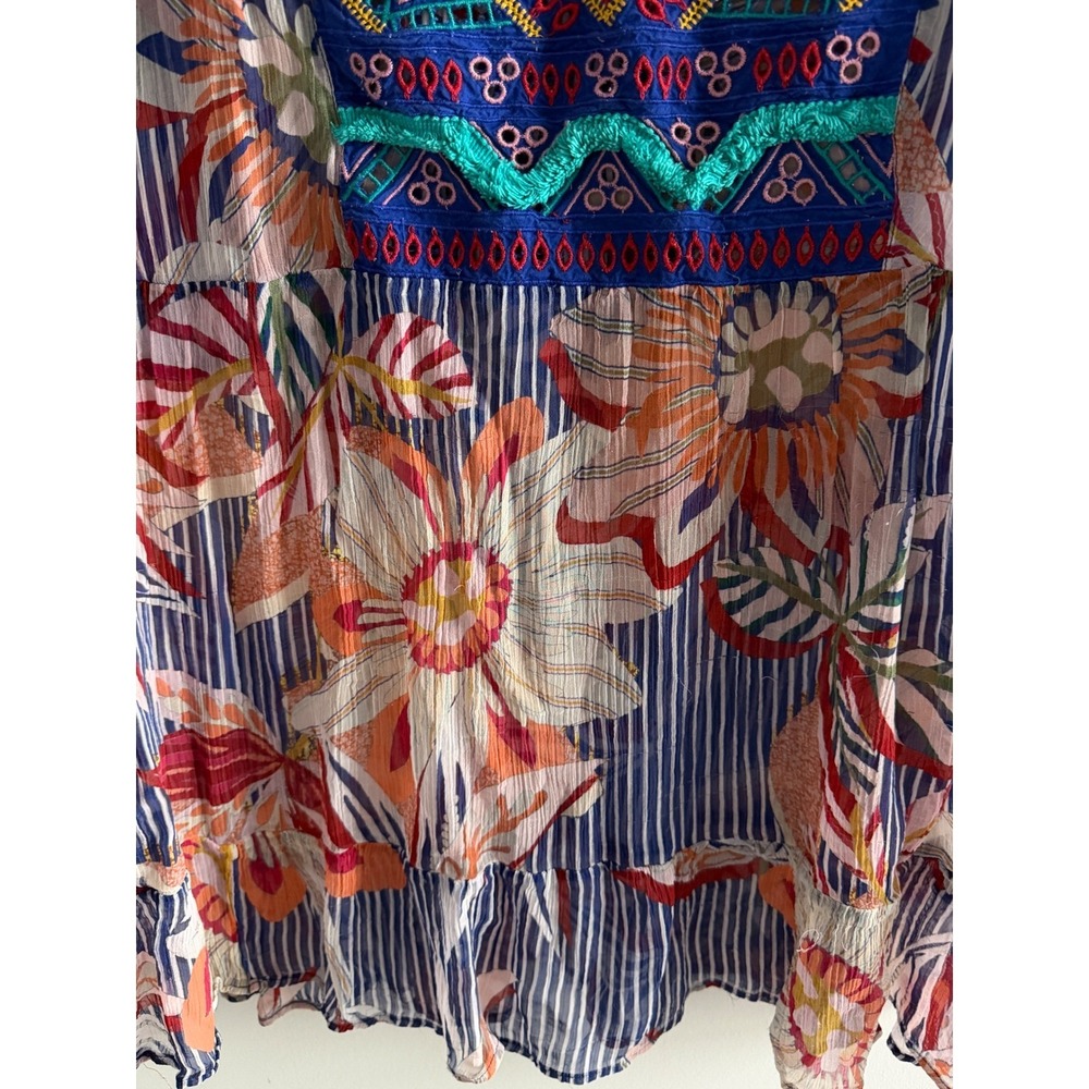 Soft Surroundings Tory Top Blue Floral Sheer Boho Embroidered Pom Pom Tunic 3X - Picture 8 of 11